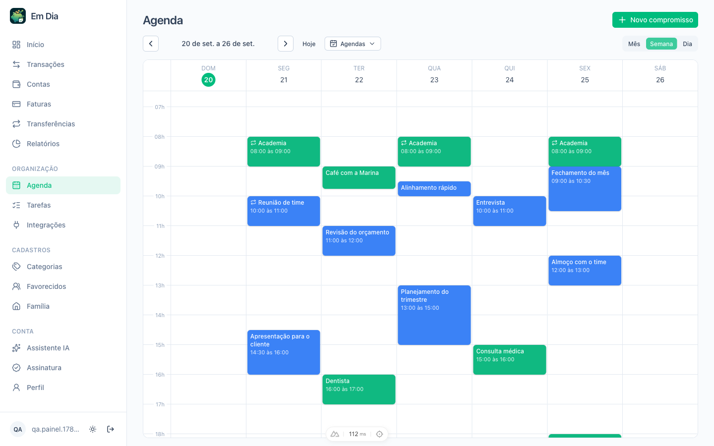 Painel do Em Dia com a agenda da semana, compromissos em duas agendas com cores diferentes